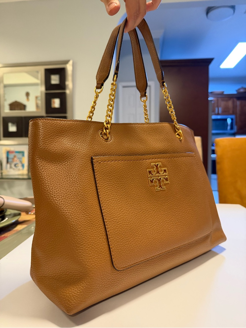 Tory Burch Chestnut Brown Pebbled Leather Shoulder Bag with Gold Hardware